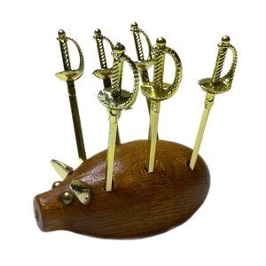 Hors d'oeurve Set of Wooden Pig Holder w/6 Swords
